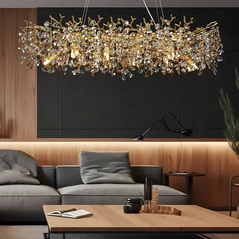 Golden sunflower crystal chandelier with branching gold arms and crystal prisms by Decorbites on Tampa Home & Garden Store