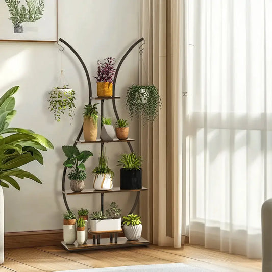 Bunny shaped black & wood metal plant stand living room wall shelf