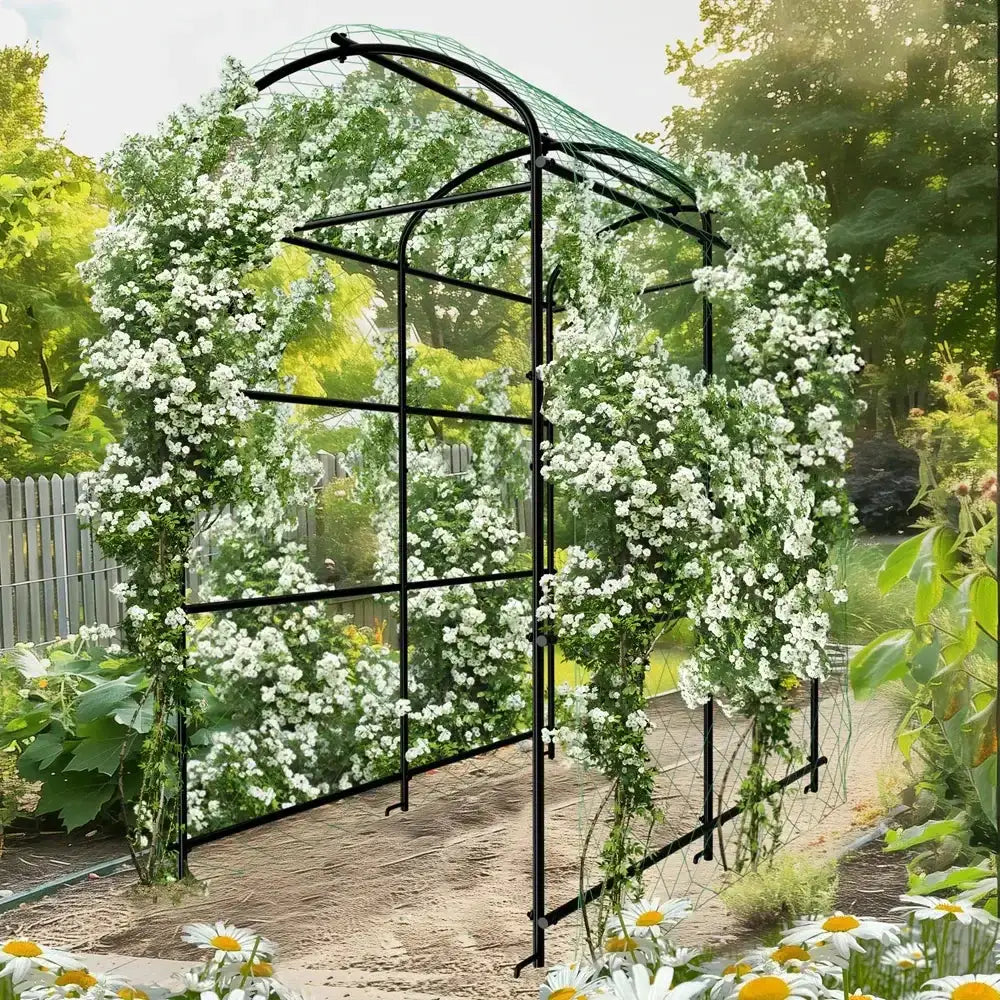 Tall black metal arched plant trellis with white flowering vines Decorbites on Tampa Home & Garden Store