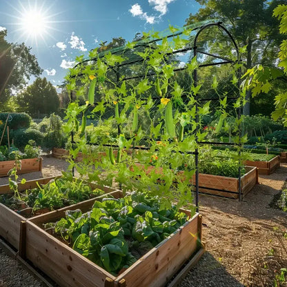 Tall black metal arched garden plant trellis with climbing vines in raised wooden beds Decorbites on Tampa Home & Garden Store