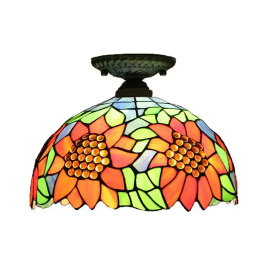 Tiffany 2-Light Domed Semi Flush Mount Ceiling Light with Sunflower Pattern in Brass/Bronze - Bedroom Lighting - Tampa Home & Garden Store