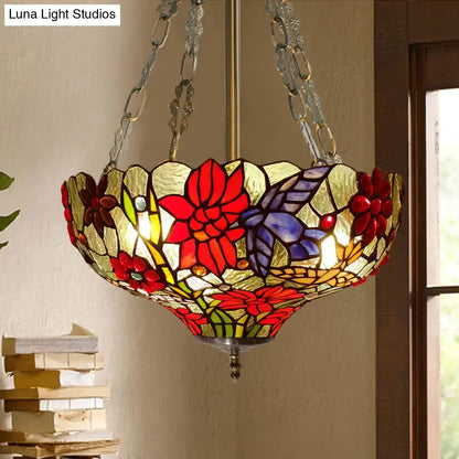 Tiffany Stained Glass Flower Semi-Flush Ceiling Light with 3 Red Heads