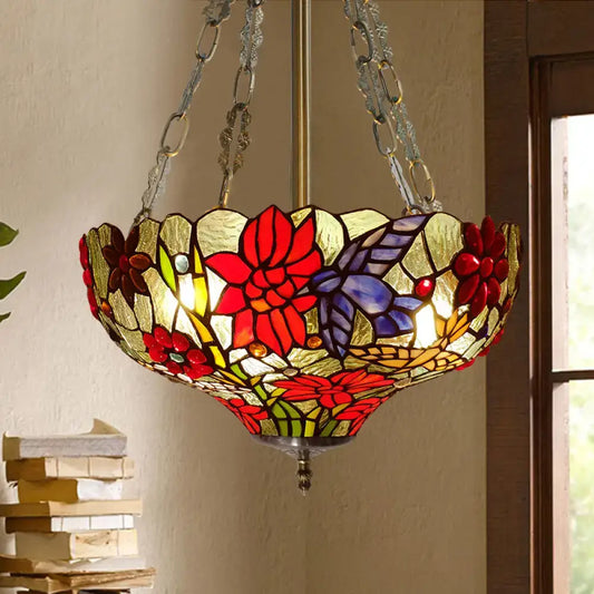 Tiffany Stained Glass Flower Semi-Flush Ceiling Light with 3 Red Heads - Tampa Home & Garden Store