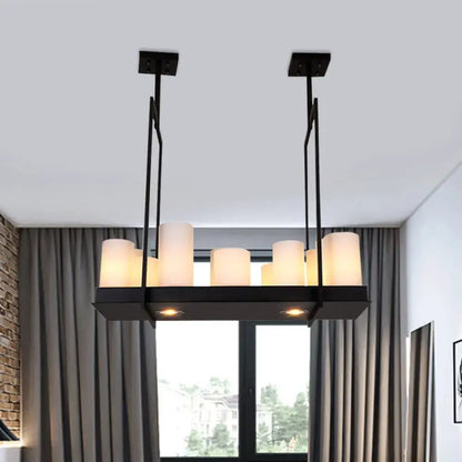 Traditional Barrel Frosted Glass Hanging Lamp - Black Island Pendant Light for Dining Room - 8/12/16 Lights