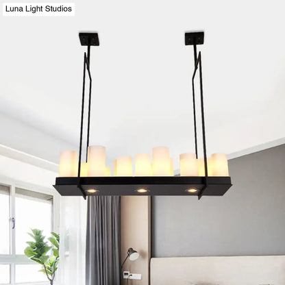 Traditional Barrel Frosted Glass Hanging Lamp - Black Island Pendant Light for Dining Room - 8/12/16 Lights