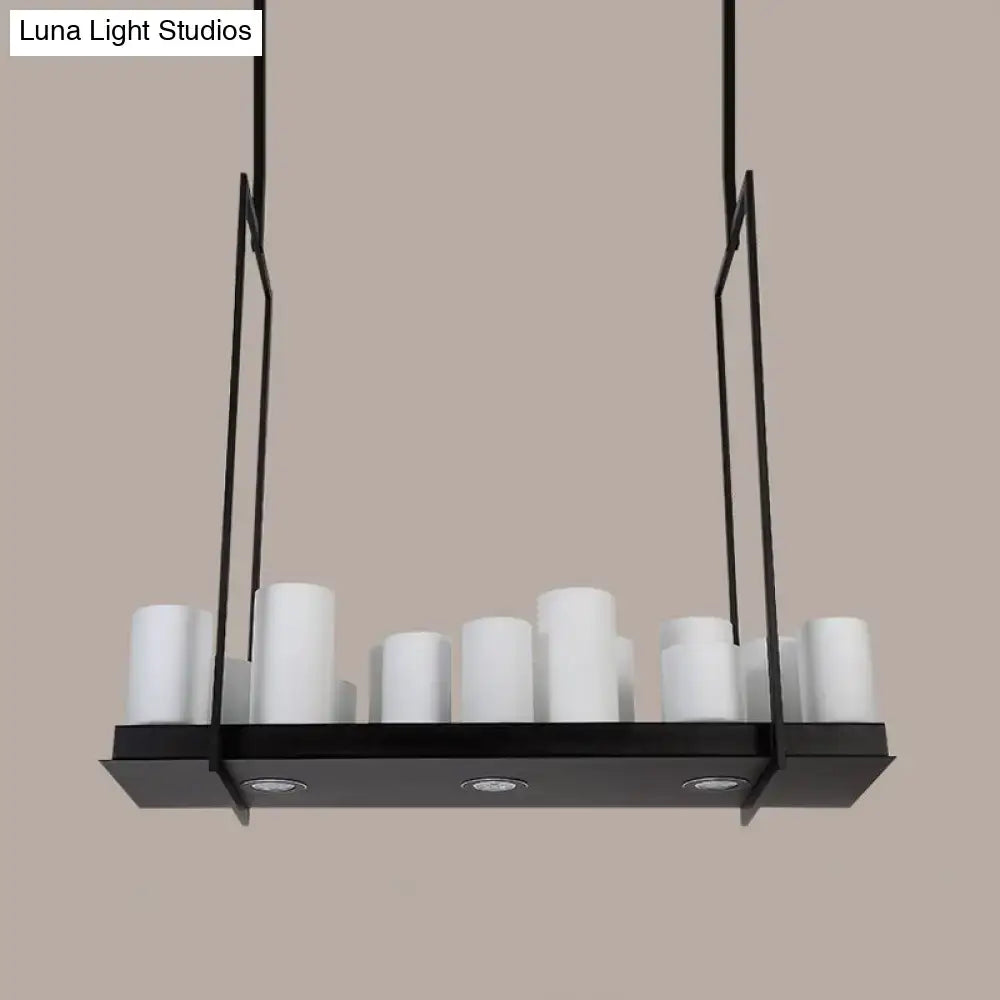 Traditional Barrel Frosted Glass Hanging Lamp - Black Island Pendant Light for Dining Room - 8/12/16 Lights