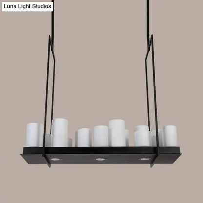 Traditional Barrel Frosted Glass Hanging Lamp - Black Island Pendant Light for Dining Room - 8/12/16 Lights
