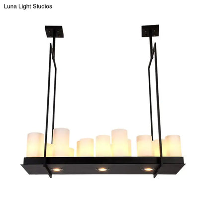 Traditional Barrel Frosted Glass Hanging Lamp - Black Island Pendant Light for Dining Room - 8/12/16 Lights