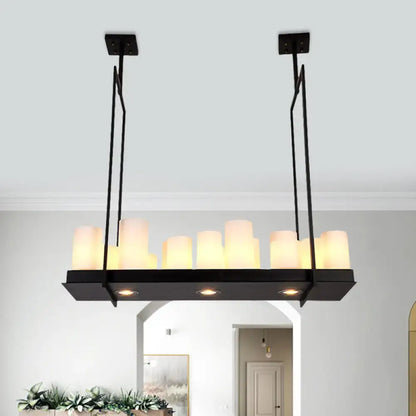 Traditional Barrel Frosted Glass Hanging Lamp - Black Island Pendant Light for Dining Room - 8/12/16 Lights