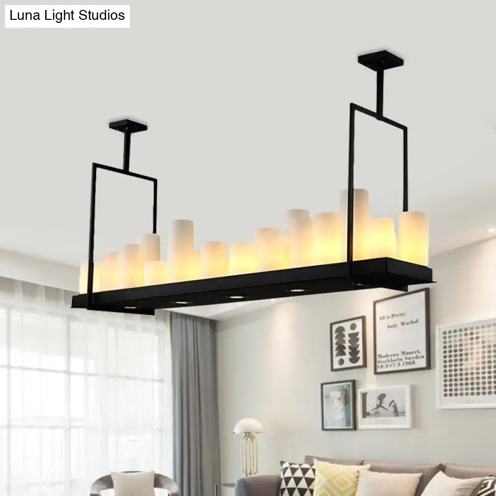Traditional Barrel Frosted Glass Hanging Lamp - Black Island Pendant Light for Dining Room - 8/12/16 Lights