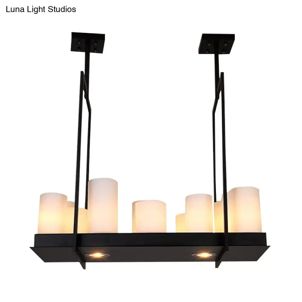 Traditional Barrel Frosted Glass Hanging Lamp - Black Island Pendant Light for Dining Room - 8/12/16 Lights