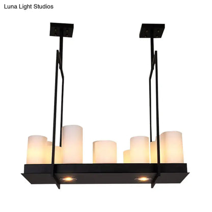 Traditional Barrel Frosted Glass Hanging Lamp - Black Island Pendant Light for Dining Room - 8/12/16 Lights