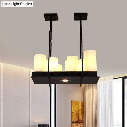 Traditional Barrel Frosted Glass Hanging Lamp - Black Island Pendant Light for Dining Room - 8/12/16 Lights