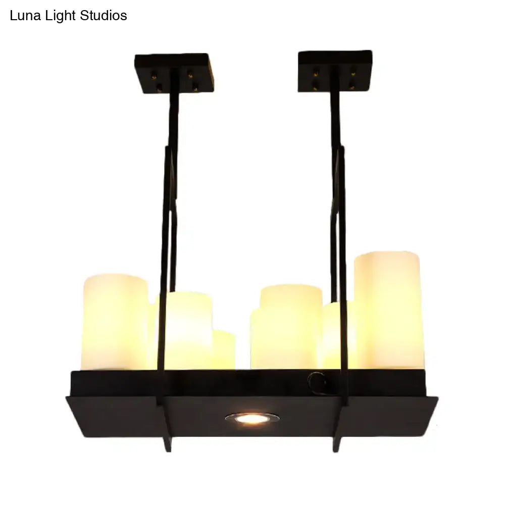 Traditional Barrel Frosted Glass Hanging Lamp - Black Island Pendant Light for Dining Room - 8/12/16 Lights