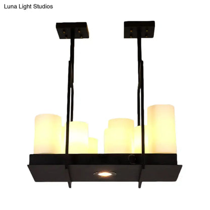 Traditional Barrel Frosted Glass Hanging Lamp - Black Island Pendant Light for Dining Room - 8/12/16 Lights