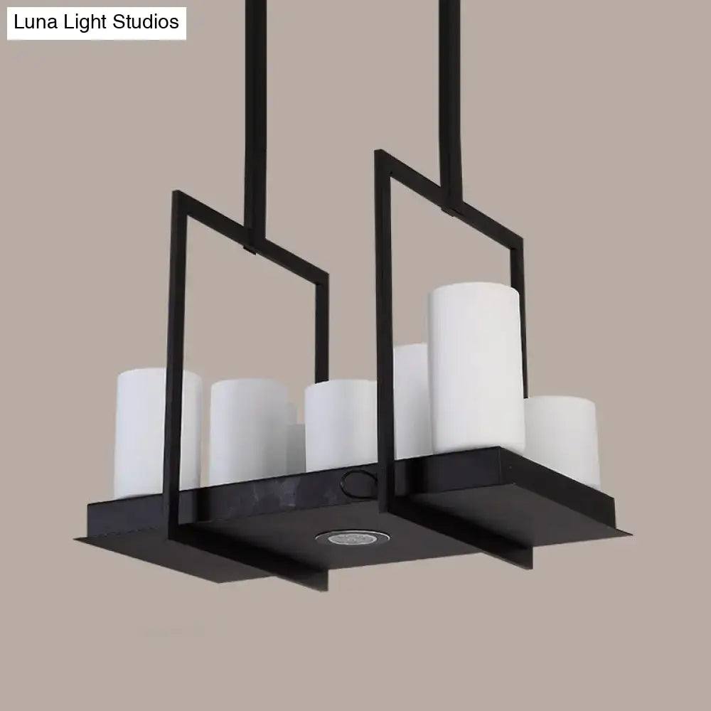 Traditional Barrel Frosted Glass Hanging Lamp - Black Island Pendant Light for Dining Room - 8/12/16 Lights
