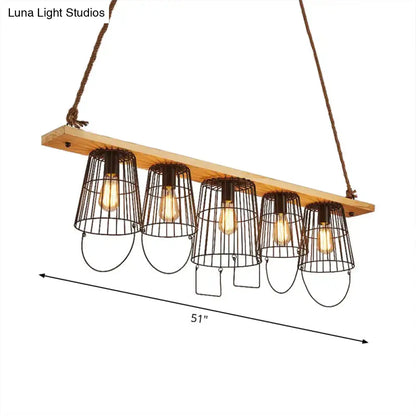 Traditional Barrel Metal Island Pendant Light with 5 Lights and Wood Accents for Dining Room