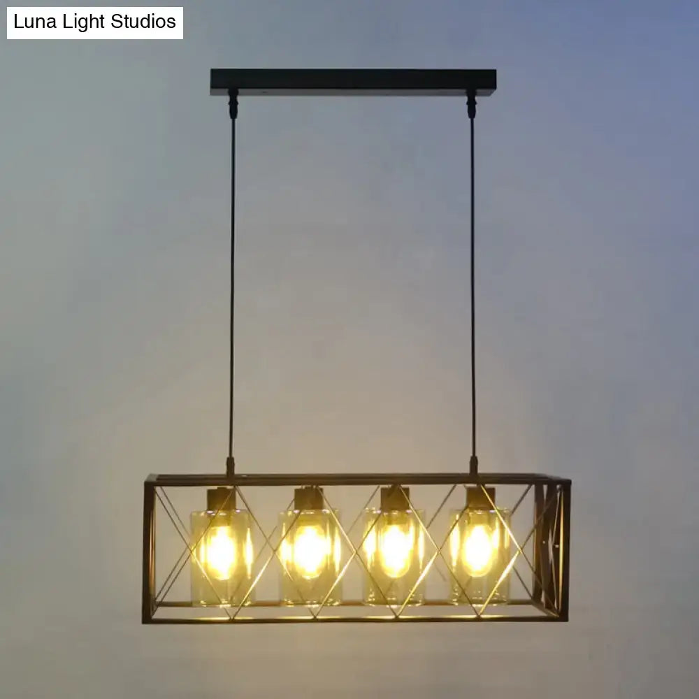 Traditional Black Metal Pendant Island Light with Cross Framed Box Design - Ideal for Dining Room