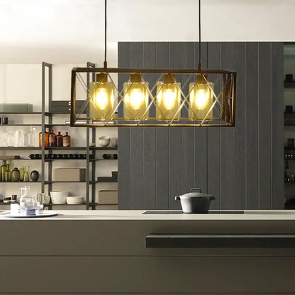 Traditional Black Metal Pendant Island Light with Cross Framed Box Design - Ideal for Dining Room