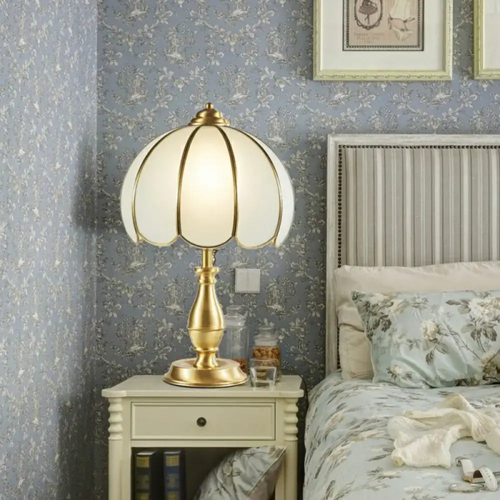 Traditional Brass Bedside Table Lamp with Dome White Glass Shade