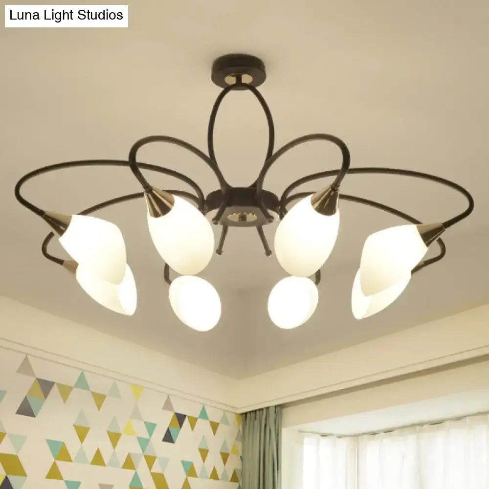 Traditional Oval White Glass Semi Flush Mount Ceiling Light with 6/8 Lights - Black Finish for Living Room