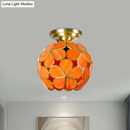 Victorian Stained Glass Flower Ceiling Light in White/Pink/Orange Semi-Mount