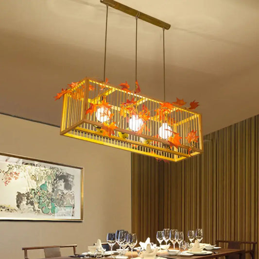 Vintage Beige Bamboo Pendant Light with Red Maple Leaf and Green Leaves Deco - Tea Room Lighting Kit - Tampa Home & Garden Store