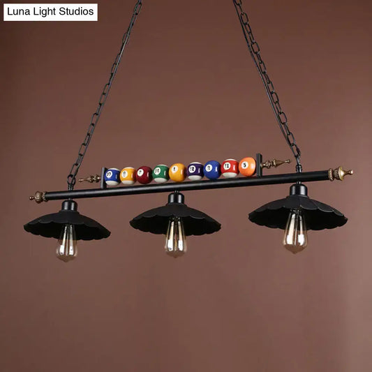 Vintage Black Pool Table Light with Scalloped Design, 2/3-Light & Billiard Ball Decoration