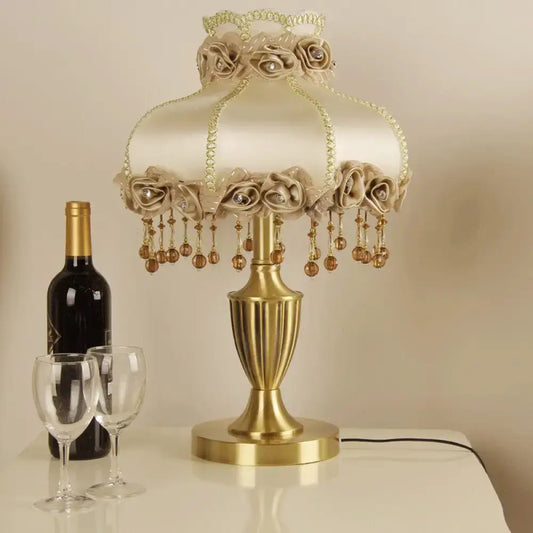 Vintage Brass Nightstand Lamp with Fabric Flower Table Light and Beaded Trim - Tampa Home & Garden Store