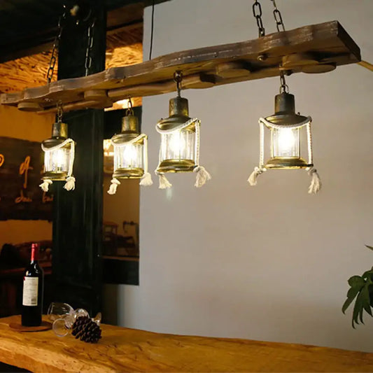 Vintage Clear Glass Kerosene Chandelier: Dark Wood Island Lamp with 4 Lights - Tampa Home & Garden Store