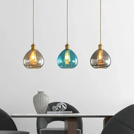 Vintage Glass Onion Multi Ceiling Light Pendant in Brass with Linear/Round Canopy - Tan-Blue-Grey, 3-Bulb Fixture - Tampa Home & Garden Store