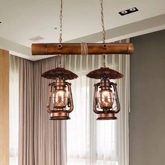 Vintage Industrial 2-Light Island Pendant in Red Brown - Kerosene Metallic Chandelier Lighting - Tampa Home & Garden Store