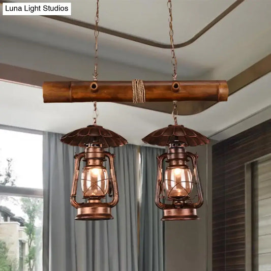Vintage Industrial 2-Light Island Pendant in Red Brown - Kerosene Metallic Chandelier Lighting - Tampa Home & Garden Store