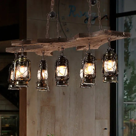 Vintage Industrial 8-Light Linear Chandelier with Lantern Shade in Antique Brass - Tampa Home & Garden Store