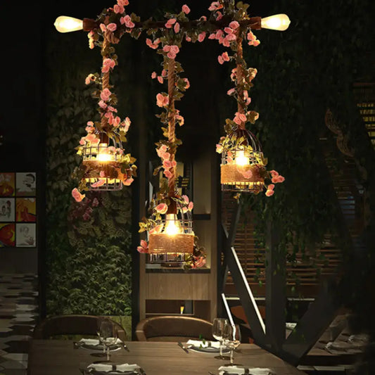 Vintage Metal 3-Head Island Ceiling Light with Flower Decor - Black - Tampa Home & Garden Store
