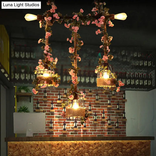 Vintage Metal 3-Head Island Ceiling Light with Flower Decor - Black - Tampa Home & Garden Store