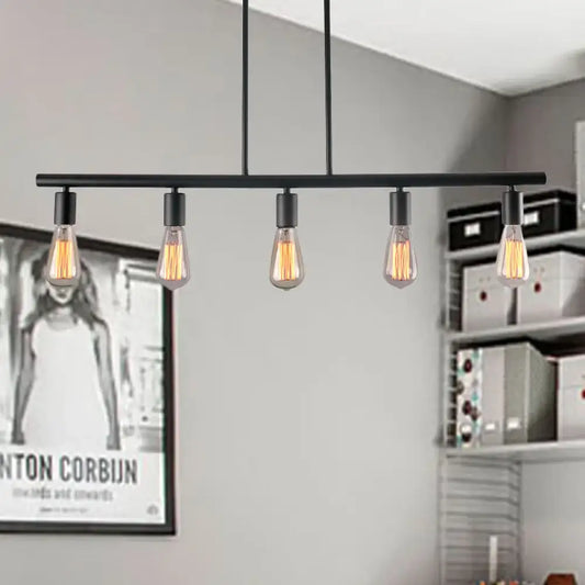 Vintage Style 5-Head Black Finish Linear Island Lamp - Metallic Hanging Light for Dining Room - Tampa Home & Garden Store