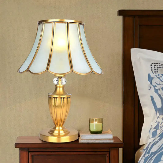 Vintage Style Brass Nightstand Lamp with Scalloped Opaque Glass, ideal for Bedroom Table Light - Tampa Home & Garden Store
