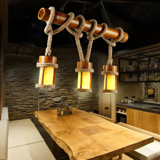 Vintage Wood Cylindrical Pendant Lamp - Bamboo Island Lighting with Rope Cord - Set of 3 Bulbs - Tampa Home & Garden Store
