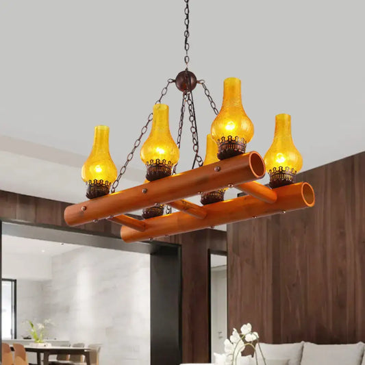 Vintage Yellow Crackle Glass Island Pendant Light with Bamboo Ladder Design - Tampa Home & Garden Store