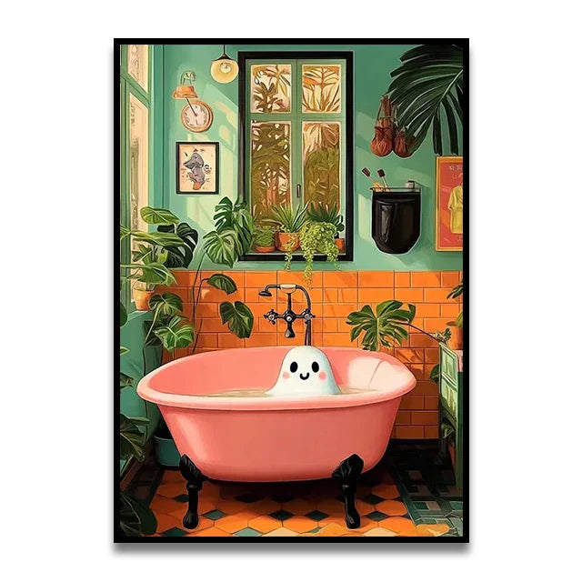 Whimsical Cat Bathroom Wall Art Print