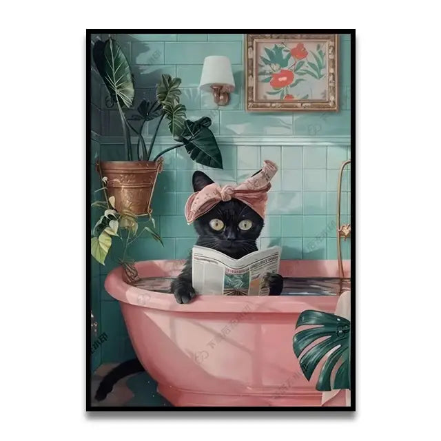 Whimsical Cat Bathroom Wall Art Print