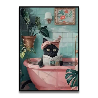 Whimsical Cat Bathroom Wall Art Print