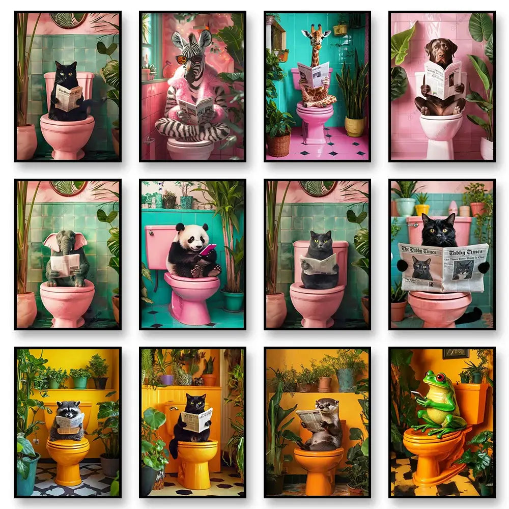 Whimsical Cat Bathroom Wall Art Print