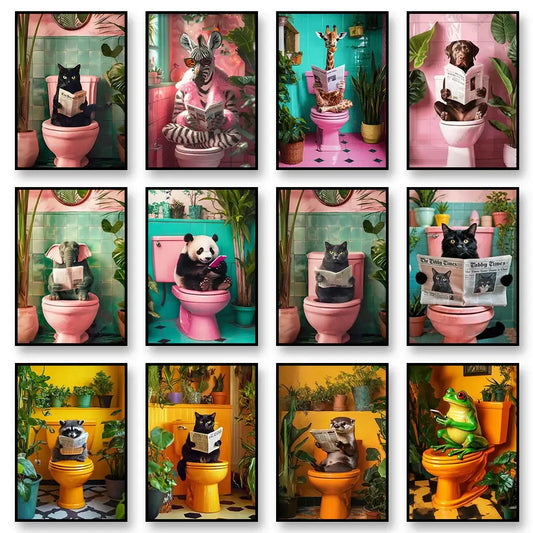 Whimsical Cat Bathroom Wall Art Print
