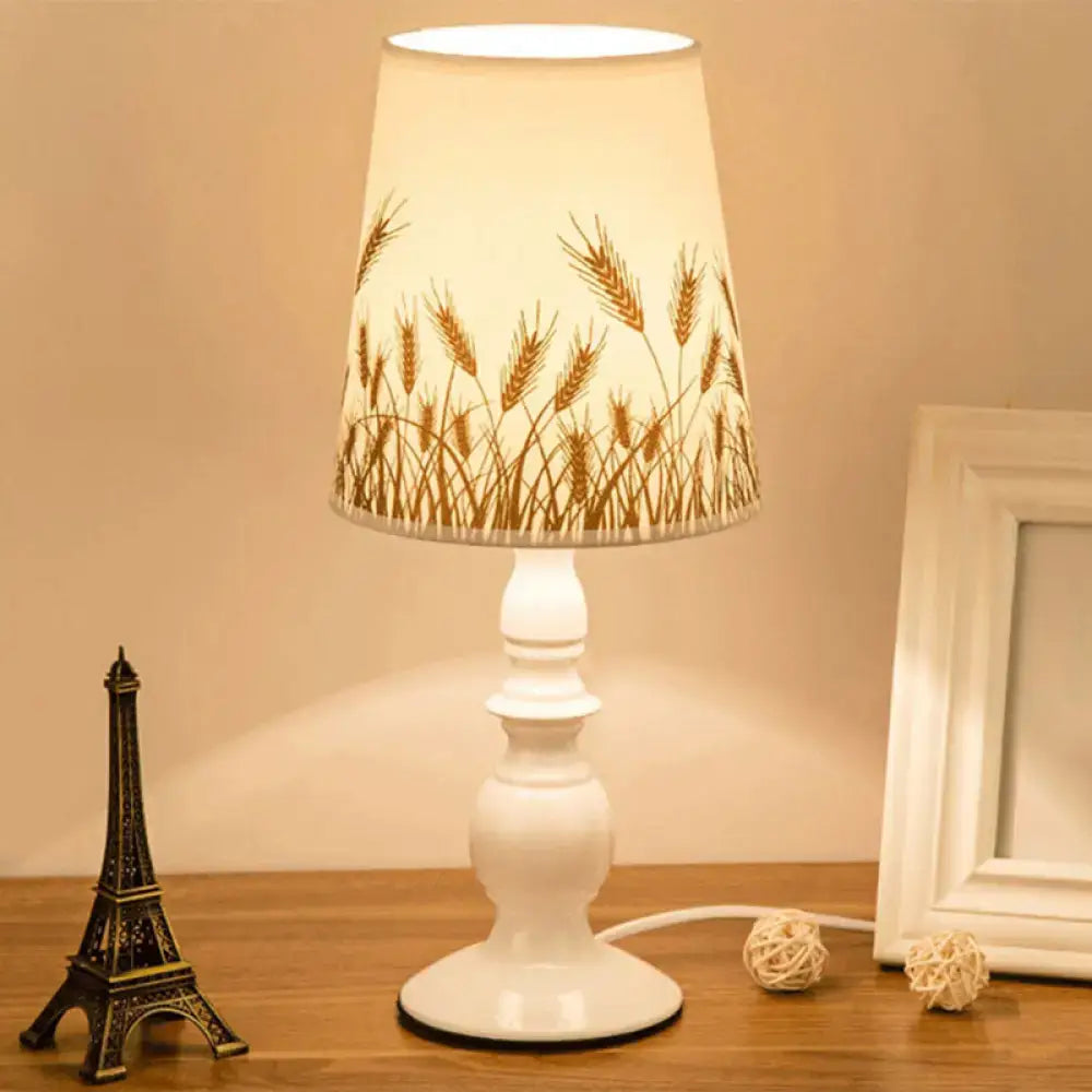 White Classic Patterned Fabric Bucket Nightstand Lamp with Baluster Base - 1 Head Table Lighting