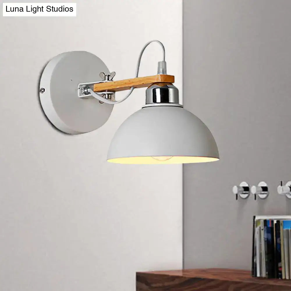 White Metallic and Wood Wall Sconce for Bedroom - Simple Style, Bowl-Shaped Light Fixture.