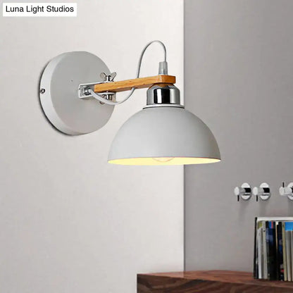 White Metallic and Wood Wall Sconce for Bedroom - Simple Style, Bowl-Shaped Light Fixture.