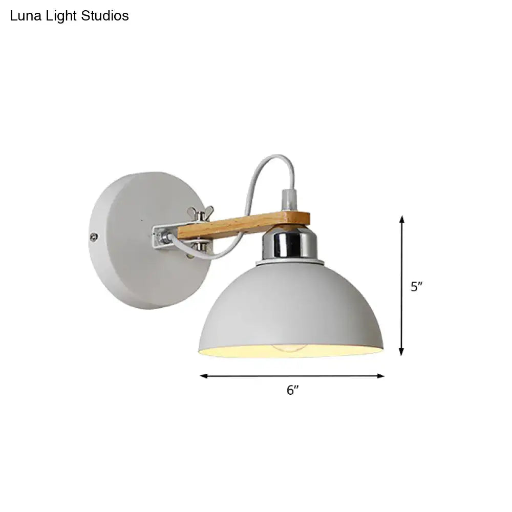 White Metallic and Wood Wall Sconce for Bedroom - Simple Style, Bowl-Shaped Light Fixture.