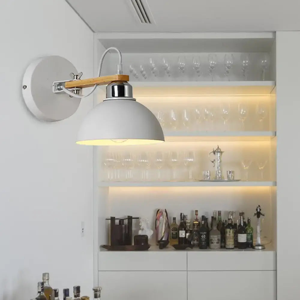 White Metallic and Wood Wall Sconce for Bedroom - Simple Style, Bowl-Shaped Light Fixture.